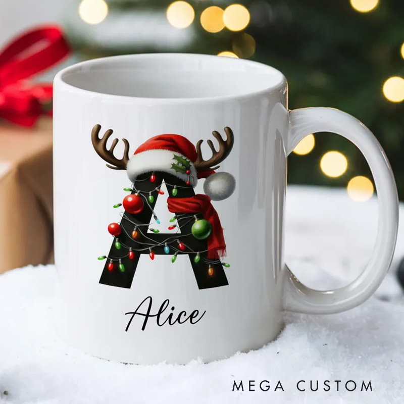 Personalized Holiday Initial Mug with Festive Decorations and Custom Name for a Cheerful and Unique Gift Mug