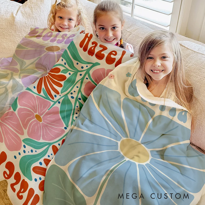Personalized Retro Boho Watercolor Danish Floral Soft Throw Blanket with Name Home Decor Birthday Holiday Gift for Friends Family