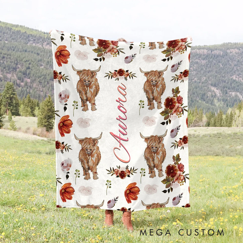 Personalized Cute Highland Cow Soft Cozy Fleece Blanket with Name Baby Shower Christmas Gift for Kids Highland Cow Lover