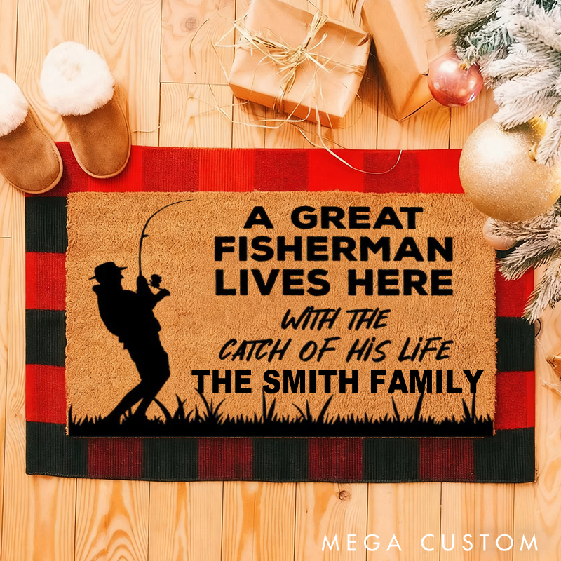 Personalised Doormat A Great Fisherman Lives Here With the Catch of His Life Funny Welcome Mat Dad Grandpa Mat Funny Fathers Day Gift Home Doormat