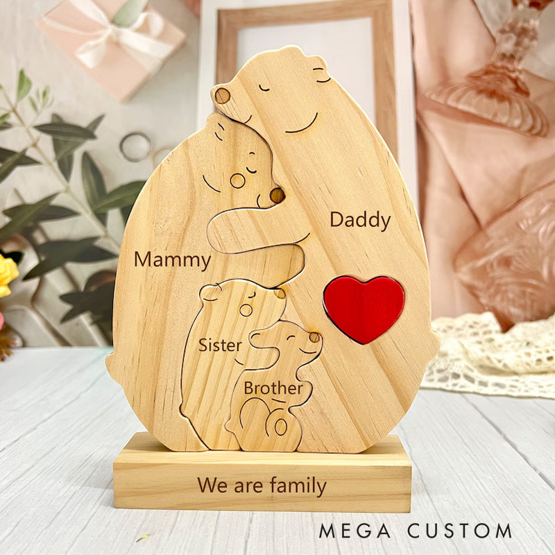 Personalized Wooden Bear Family Puzzle Wooden Bear With Heart Engraved Customizable Name Family Puzzle Family Keepsake Gift New Home Housewarming Gift