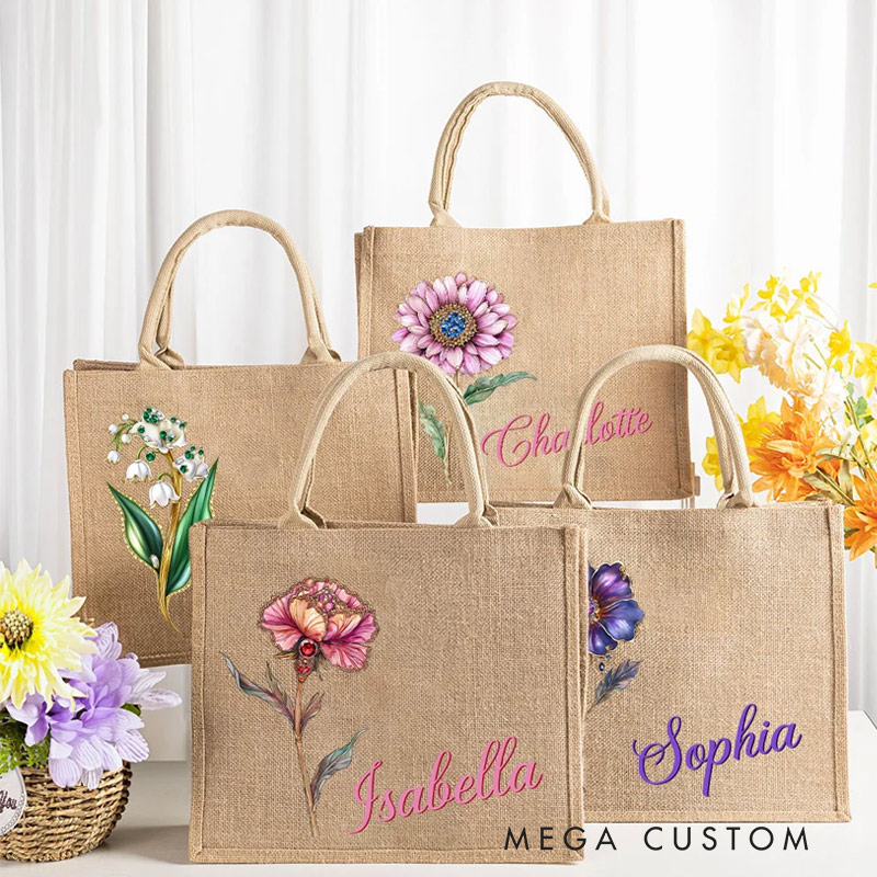 Personalized Retro Oil Painting Birth Flower with Birthstone Custom Name Jute Tote Bag Travel Gift Mother's Day Gift Gardening Lovers Gift 
