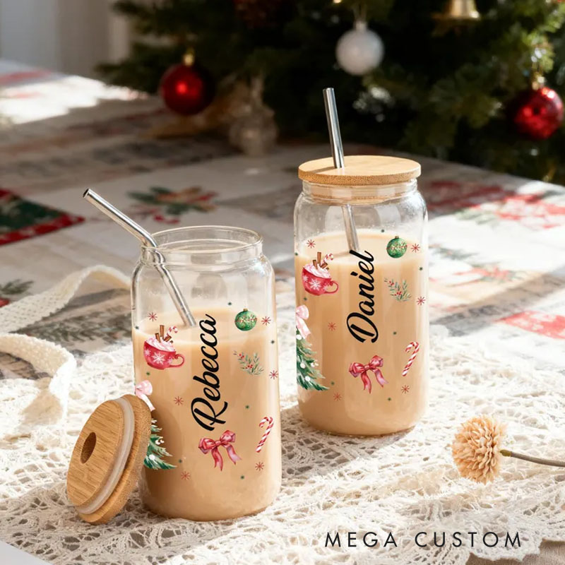 Personalized Festive Glass Cup with Holiday Decorations and Custom Name for a Charming and Unique Beverage Experience Glass Cup