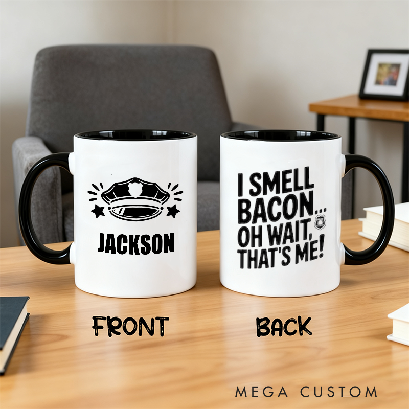Personalized Police Officer Mug Custom Name Badge and Bacon Humor Design Gift for Police Officers
