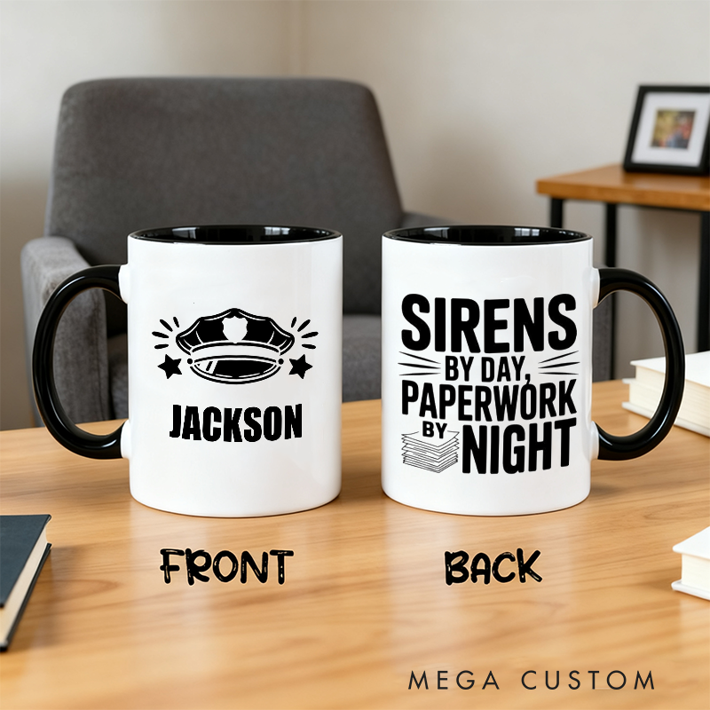 Personalized Police Officer Mug Custom Name Badge and Sirens Design Gift for Police Officers