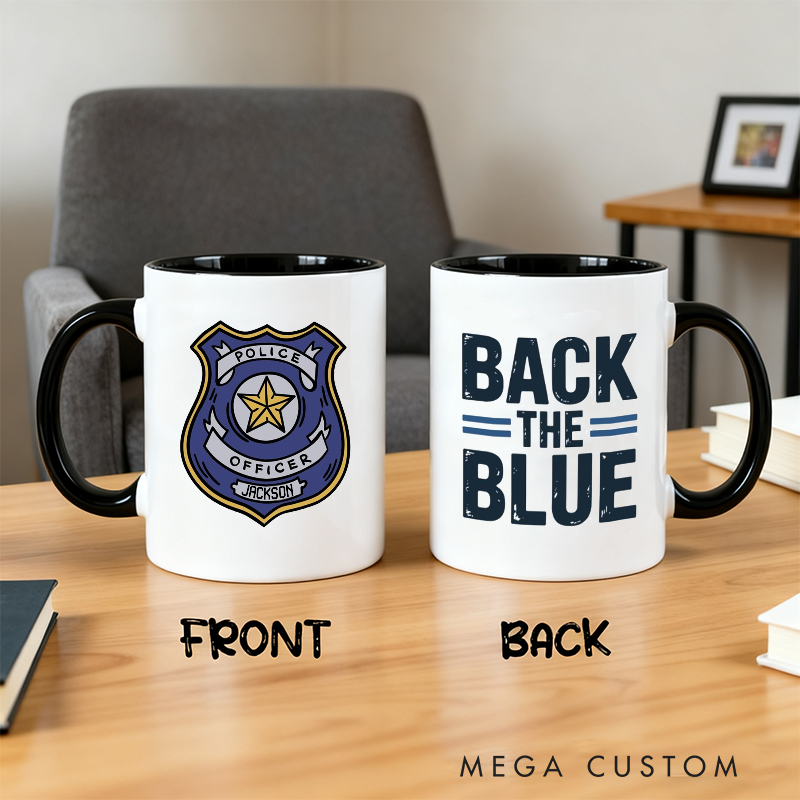 Personalized Police Officer Mug Custom Name Badge and Back the Blue Design Gift for Police Officers