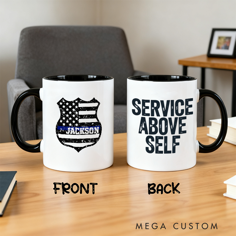 Personalized Police Officer Mug Custom Name Thin Blue Line Badge and Service Above Self Design Gift for Police Officers