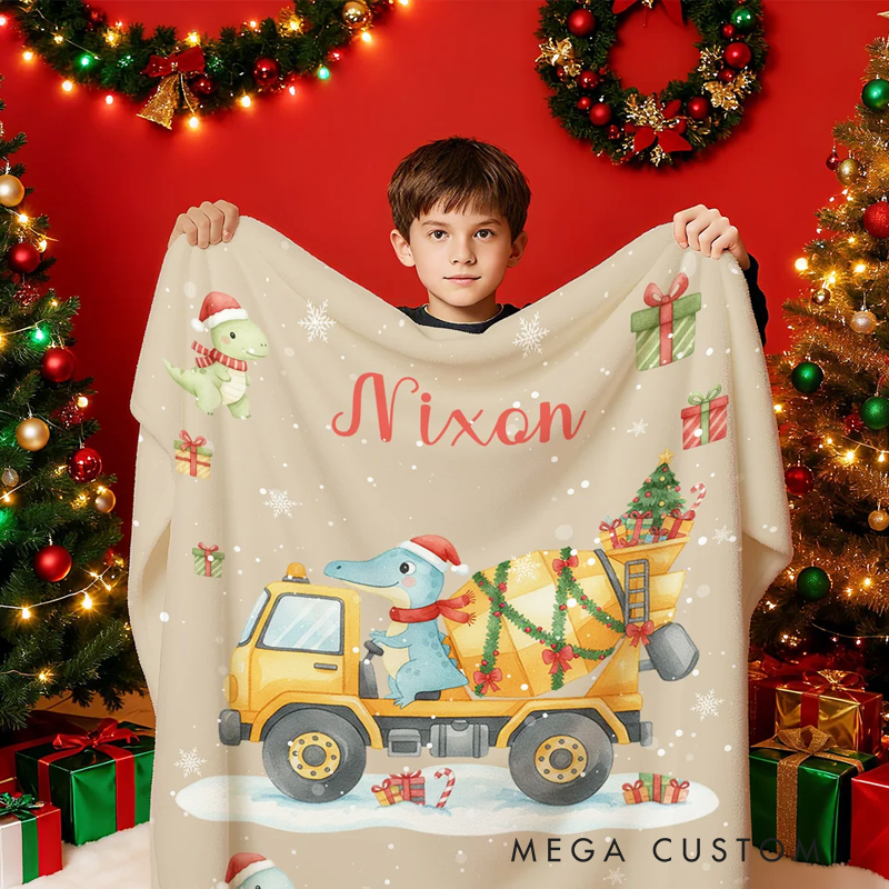 Personalized Cartoon Dinosaur Construction Vehicle Soft Throw Blanket with Name Home Decor Christmas Party Gift for Toddlers Boys