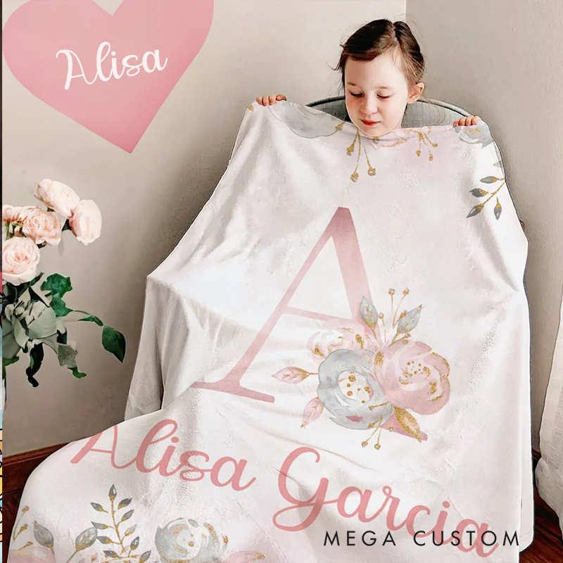 Personalized Pink Floral Soft Throw Blanket with Initial and Name Birthday Baby Shower Gift for Baby Girls