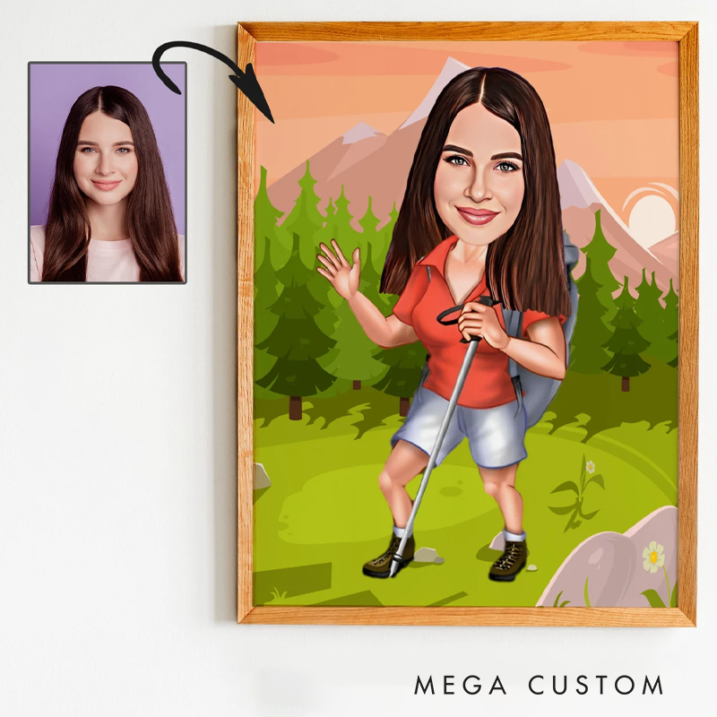 Personalized Hiking Cartoon Portrait Custom Hiking Caricature Portraits from Photos Funny Hiking Portrait Outdoor Adventure Lover Gift