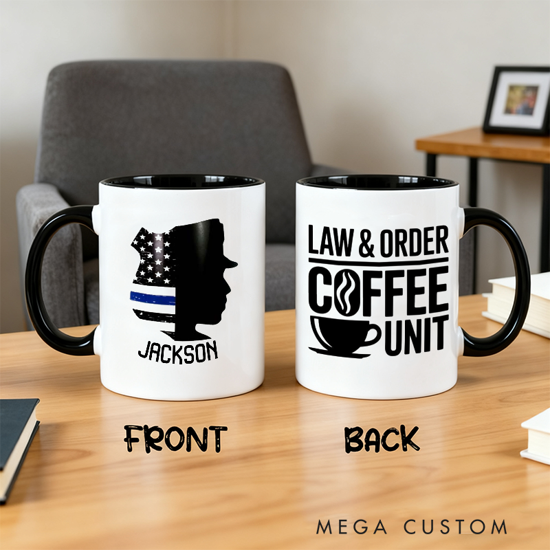 Personalized Police Officer Mug Thin Blue Line Silhouette and Law Order Coffee Unit Design Gift for Police Officers