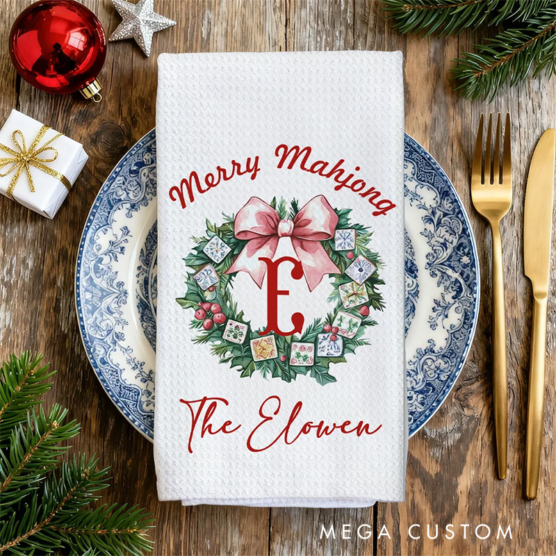 Personalized Bow Garland Christmas Tree Mahjong Waffle Kitchen Towel with Name Baking Tea Dish Towel Holiday Christmas Gift for Family Friend Baking Lover Gift