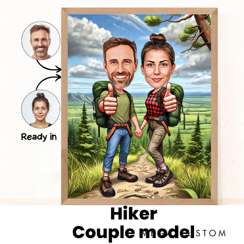 Personalized Hiking Cartoon Portrait Funny Couple Hiking Portrait Custom Hiking Caricature Portraits from Photos Outdoor Lover Gift