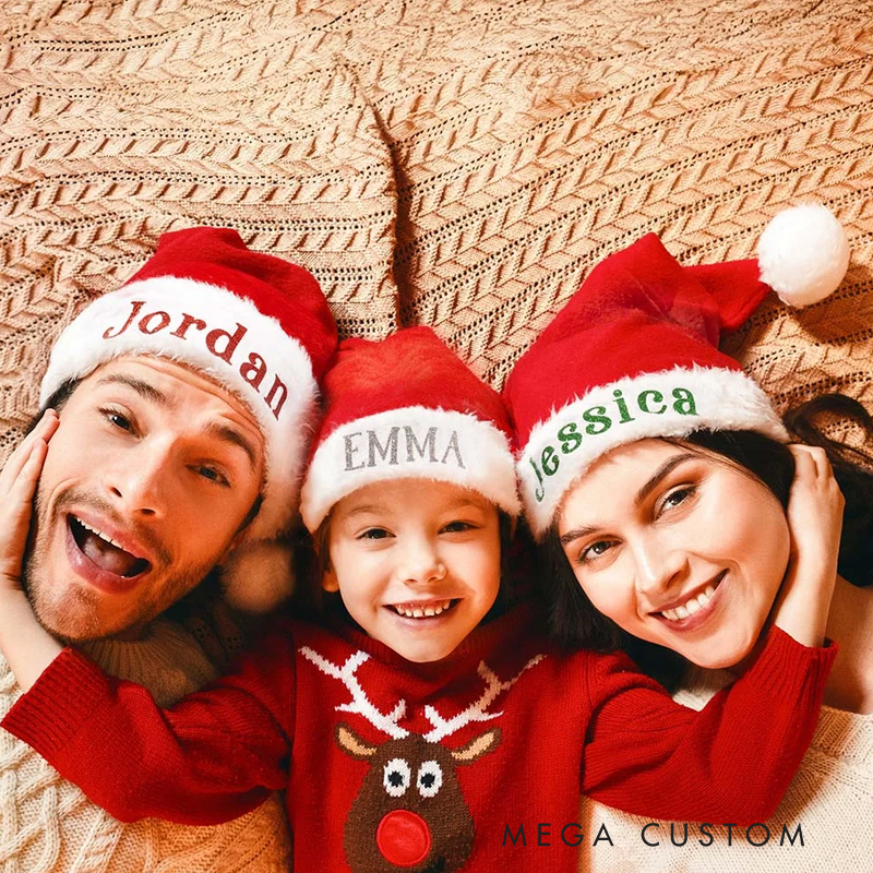 Personalized Soft and Plush Christmas Hat with Glitter Embroidered Name Stocking Stuffer Christmas Party Gift for Family