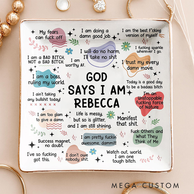 Personalized God Says I am Ceramic Square Round Ring Dish with Name Jewelry Dish Religious Gift for Her Daily Affirmations Gift Funny Gift