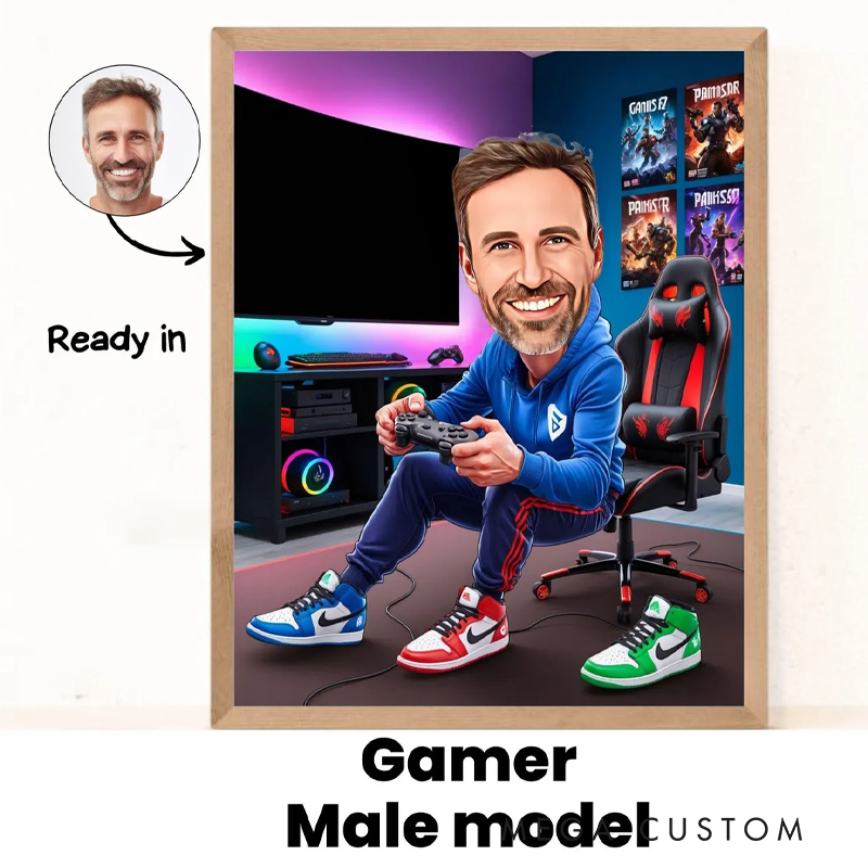 Personalized Gamer Cartoon Portrait Custom Gamer Caricature from Photo Gamer Art Gift for Gamer