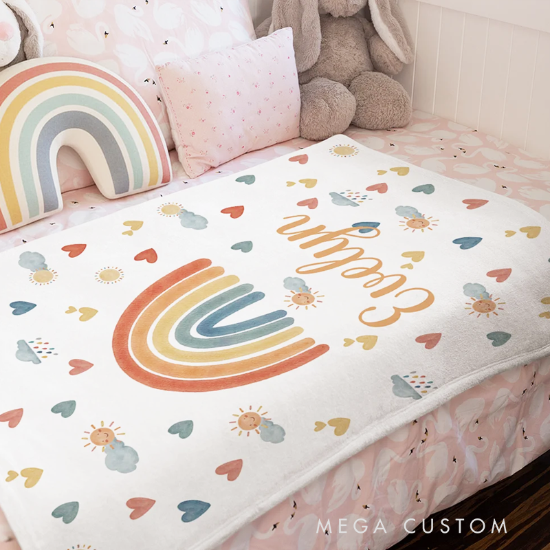 Personalized Heart Cloud Smiling Sun Rainbow Soft Throw Blanket with Name Home Decor Christmas Birthday Gift for Kids
