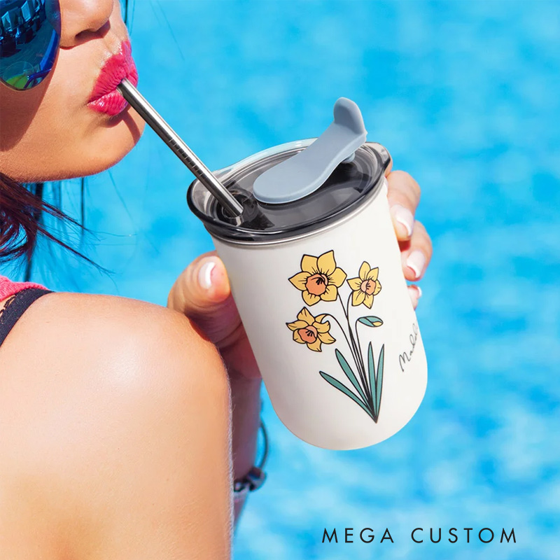 Personalized Watercolor Birth Flower Tumbler with Name Insulated Coffee Straw Tumbler Housewarming Birthday Party Favor Gift Trip Girl  Gift 