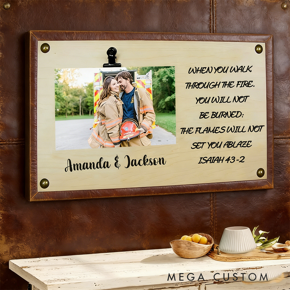 Personalized Firefighter Couple Wooden Photo Frame Inspirational Gift with Bible Verse