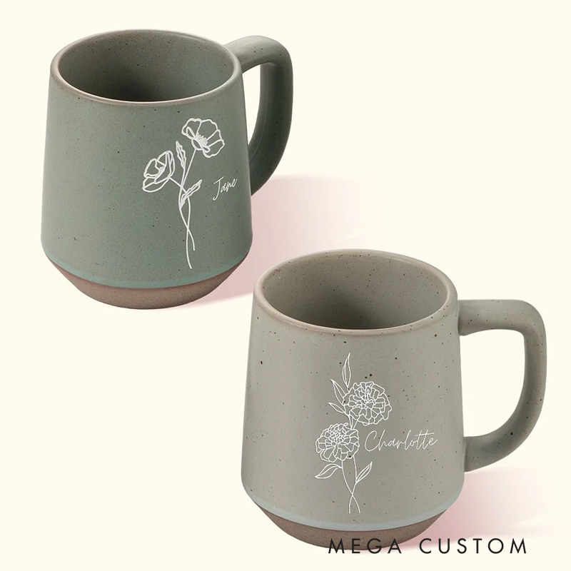 Personalized Birth Flower 12oz Mug Retro Handmade Stoneware Coffee Tumbler with Name Housewarming Birthday Mother's Day Gift for Mom Grandma