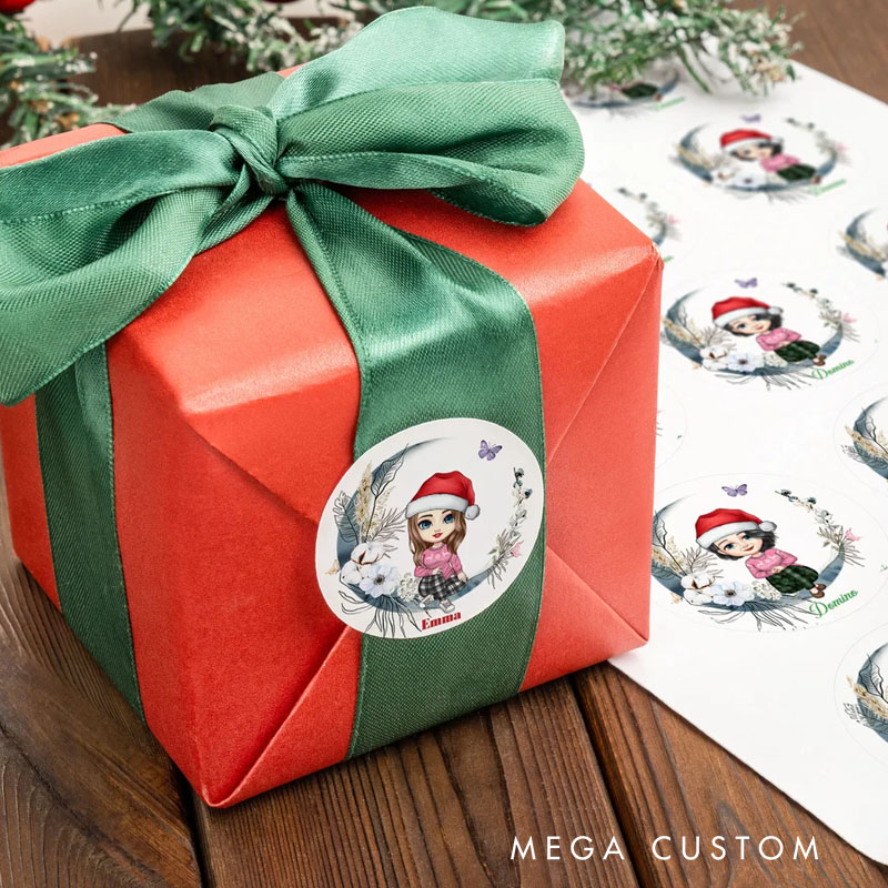 Personalized Moon Floral Santa Hat Cartoon Character Waterproof Stickers Labels with Name Gift Decor Christmas Party Favors for Family Kid