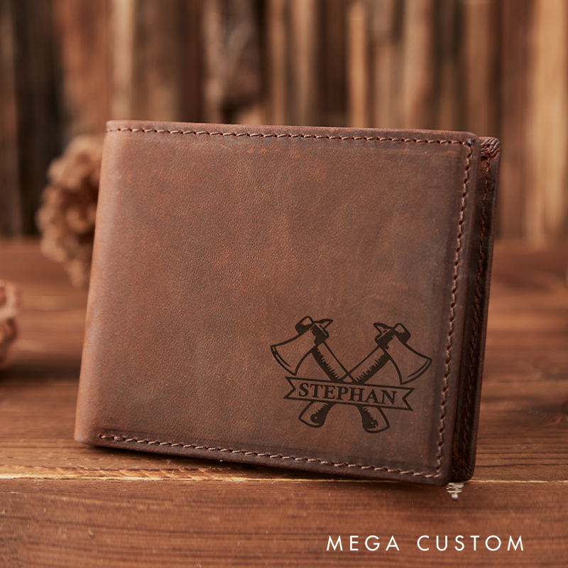 Personalized Leather Wallet with Firefighter Axes Customized Veterans Day Wallet Graduation Gift