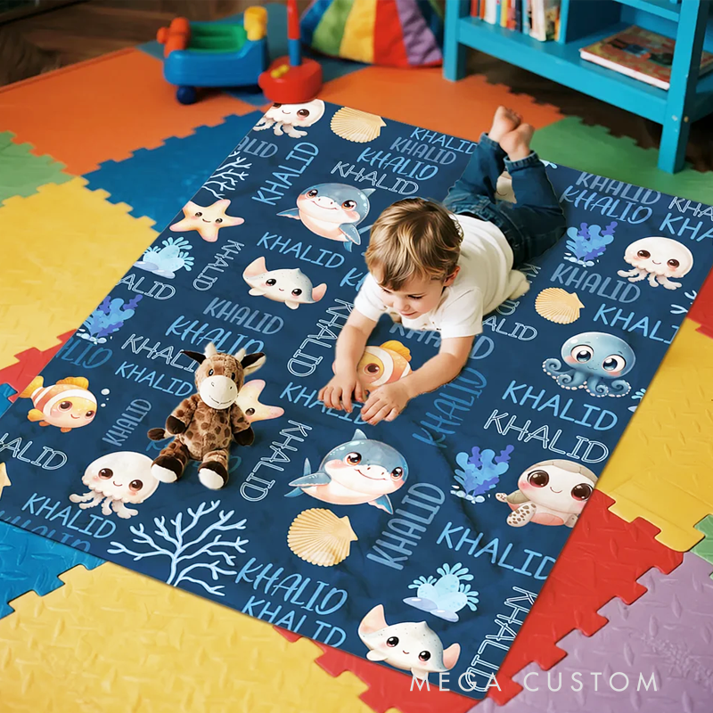 Personalized Cute Marine Animals Design Soft Throw Blanket with Name Home Decor Birthday Christmas Gift for Boys Girls