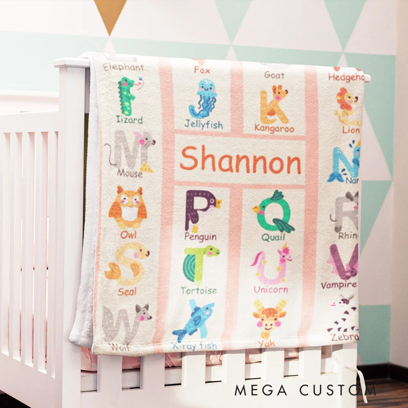 Personalized Zoo Alphabet Enlightenment Education Fleece Soft Blanket with Name Gift for Baby Kid