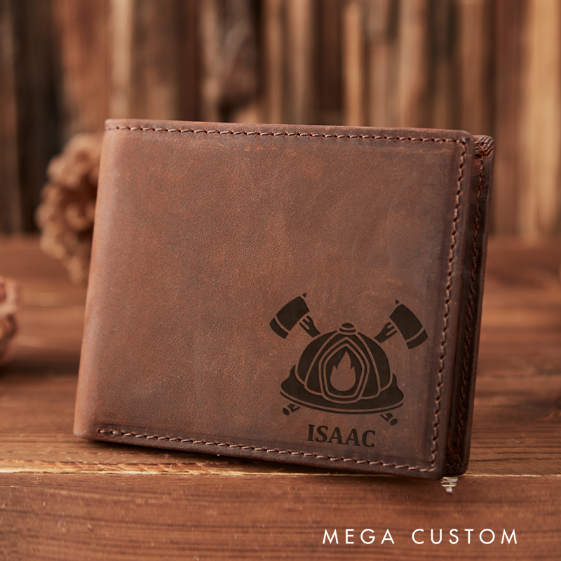 Personalized Leather Wallet with Firefighter Axes Customized Veterans Day Wallet Graduation Gift