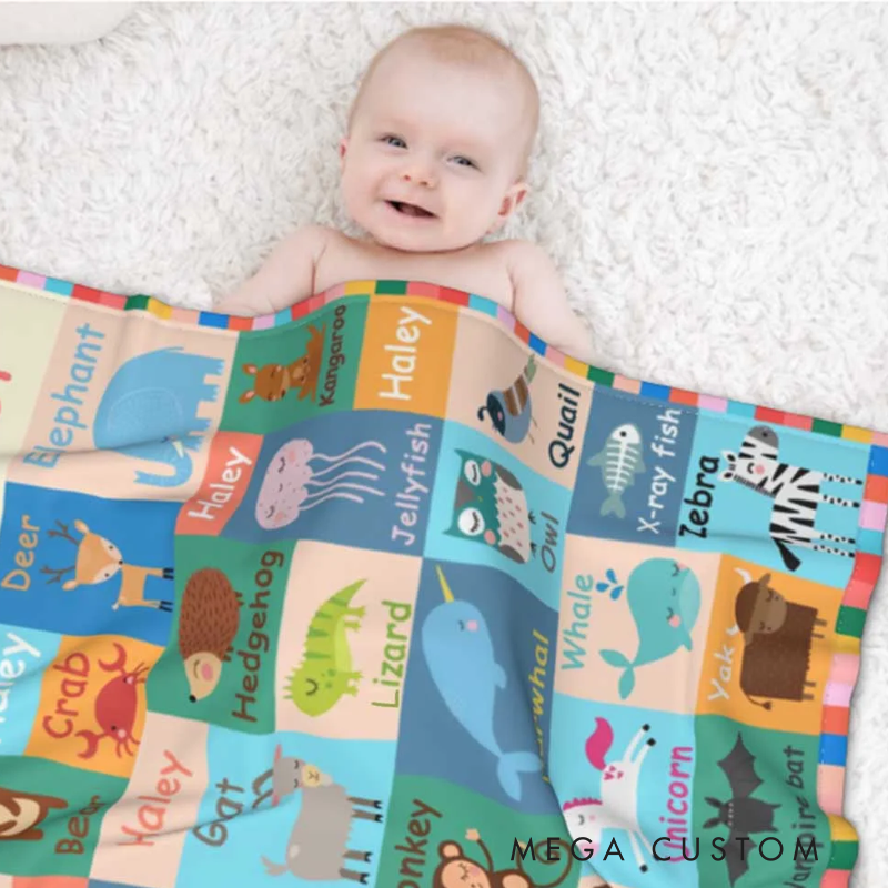 Personalized Kids Animals Alphabet Flannel Blanket with Name