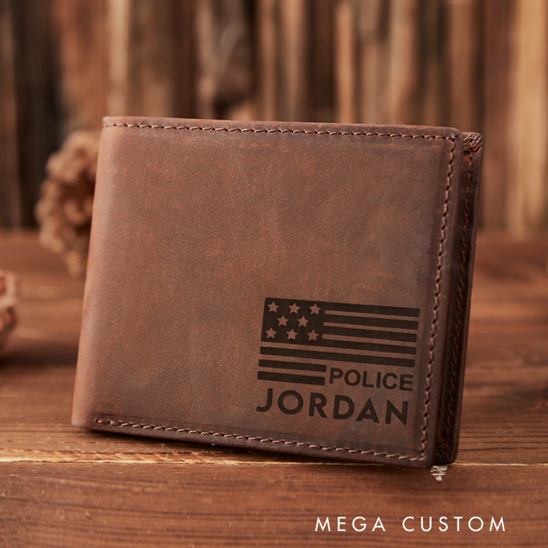 Personalized Leather Wallet with Police Flag Design Customized Veterans Day Wallet American Flag Wallet