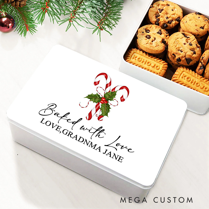 Personalized Christmas Candy Cane Metal Biscuit Tin Box with Text Christmas Gift for Family Kids Baking Lover Gifts