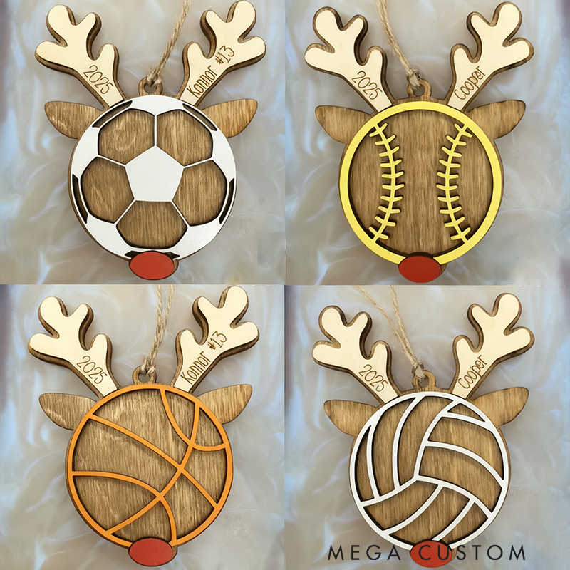 Personalized Sports Reindeer Christmas Ornaments Custom Soccer Baseball Basketball Volleyball Decorations