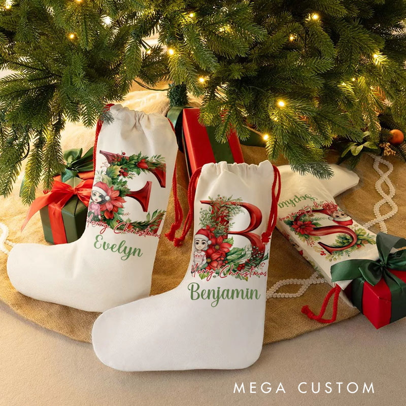 Personalized Floral Initial Cartoon Character Christmas Stocking Gift Bag with Name and Drawstring Reusable Merry Christmas Gift for Family