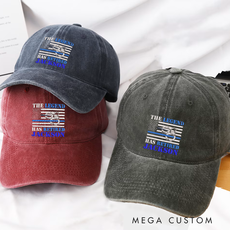 Personalized Retired Police Officer Embroidered Baseball Cap Thin Blue Line Design The Legend Has Retired Gift for Law Enforcement Veterans