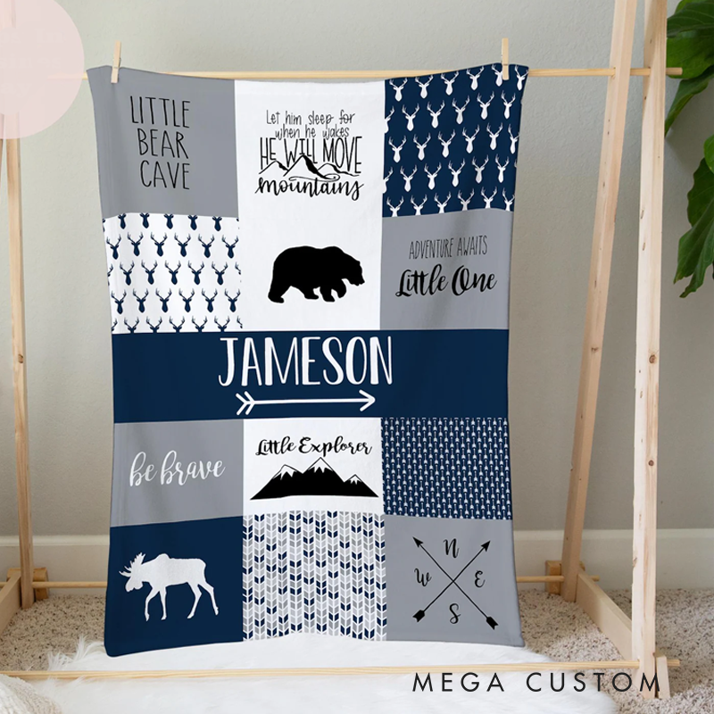 Personalized Blue Woodland Themed Blanket Customized with Name Adventure Throw Blanket for Kid Gift Hunting Lover