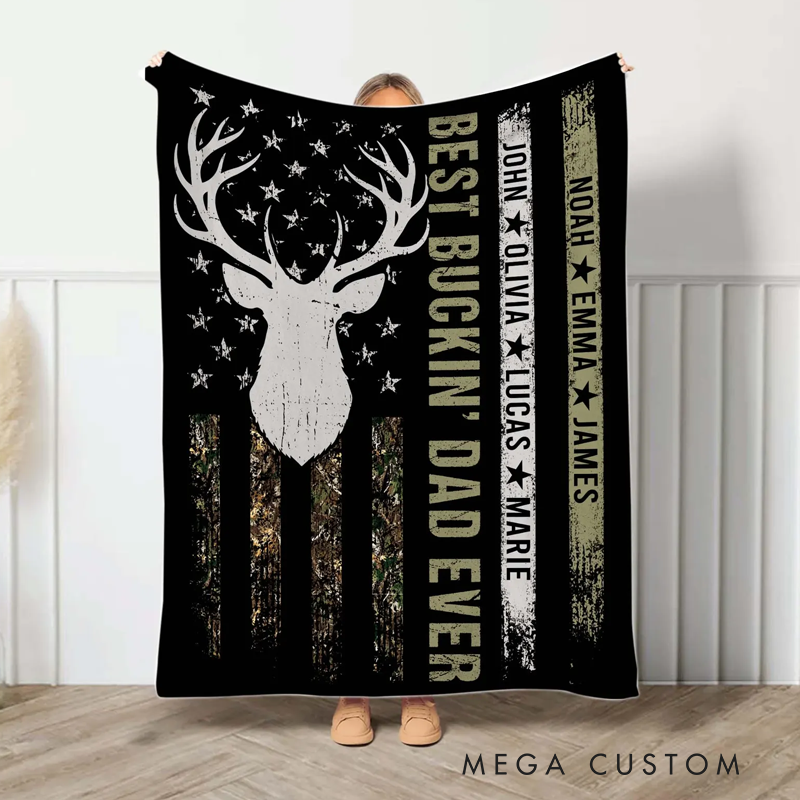 Personalized Dad Blanket with Kid Names Custom Gift for Dad Best Buckin Dad Ever Gift Dad Hunting Blanket Hunting Dad Gift Grandpa Gift