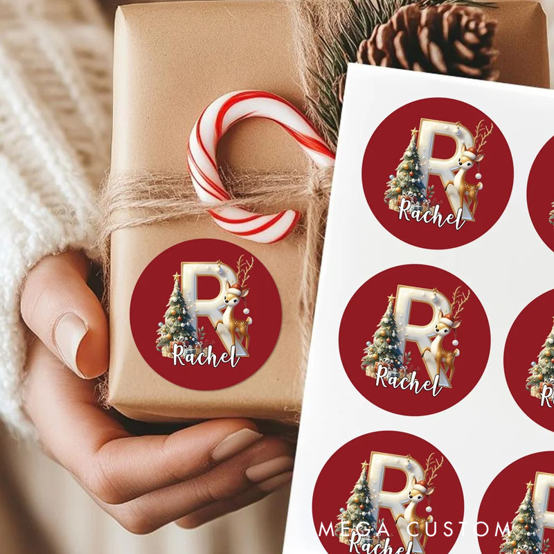 Personalized Christmas Tree Elk Initial Waterproof Stickers Labels with Name Gift Decor Christmas Party Favors for Kids Family