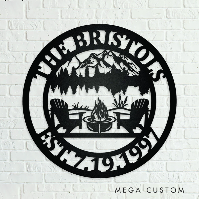 Personalized Custom Lake Sign Campfire Firepit Mountain Moon Metal Sign Custom Campsite Camping Outdoors Forest Rural Nature Sign Metal Outdoor