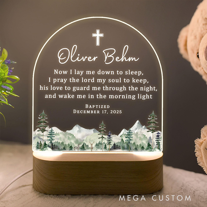 Personalized Cross Mountain Baptism LED Night Light with Wooden Base with Name and Date Nursery Decor Baptism Christening Dedicated Gift for Boy