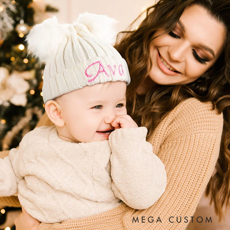 Personalized Double Pom Pom Baby Knitted Winter Hat with Embroidery Name Baby Shower Christmas Day Birthday Gift for Kid Newborn