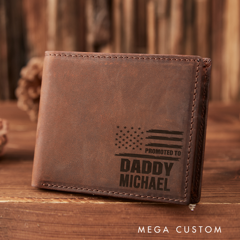 Personalized Leather Wallet with Promoted to Daddy Design Customized Veterans Day Wallet American Flag Wallet