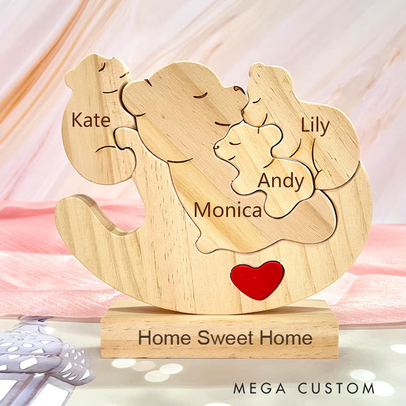 Personalized Wooden Shaking Bear Puzzle Cute Parent Child Bear Fun Swinging Chair Napping Bear Engraved Name Mother's Day Gift Family Keepsake Gifts