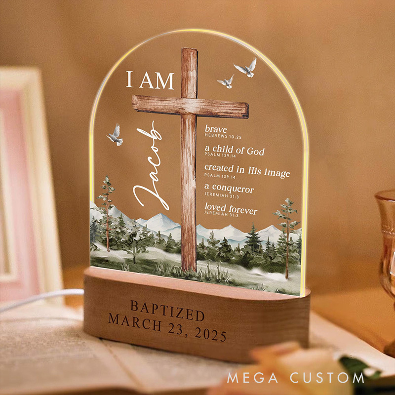 Personalized Cross Mountain Bible Verse Baptism LED Night Light with Wooden Base with Name and Date Nursery Decor Baptism Gift for Godson