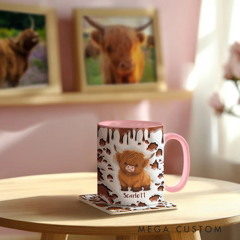 Personalized Ceramic Coffee Mug with Name and Coaster Birthday Gift for Highland Cow Lovers