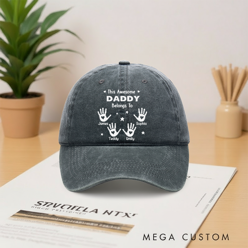 Personalized Proud Grandpa Of Little Hands Vintage Washed Denim Baseball Cap Gifts for Dad Grandpa
