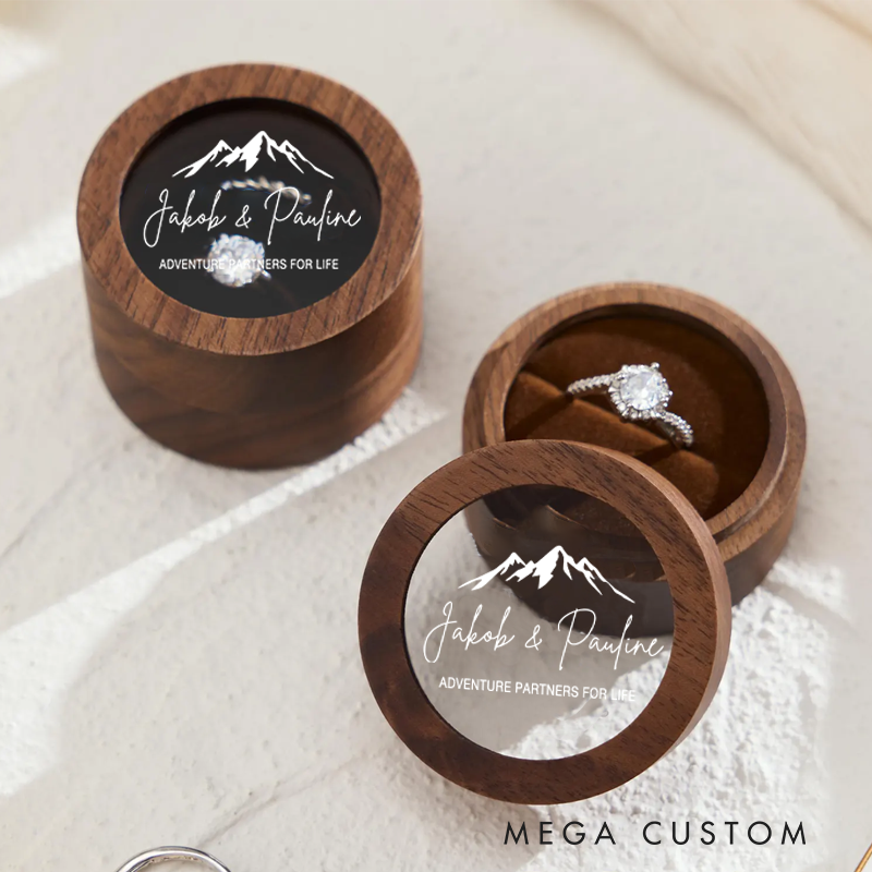Personalized Wooden Round Ring Box Custom Adventure Partners for Life Ring Box Couple Gift for Her Him