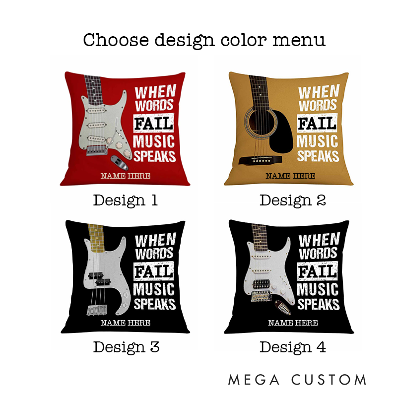 Personalized Name When Words Fail Music Speaks Guitar Pillow for Music Lover Guitar Lovers Custom Gift