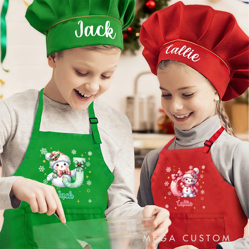 Personalized Cartoon Christmas Hat Snowman Initial Adjustable Kid Apron Chef Hat Set with Name and Pocket for Cooking Christmas Gift for Kids