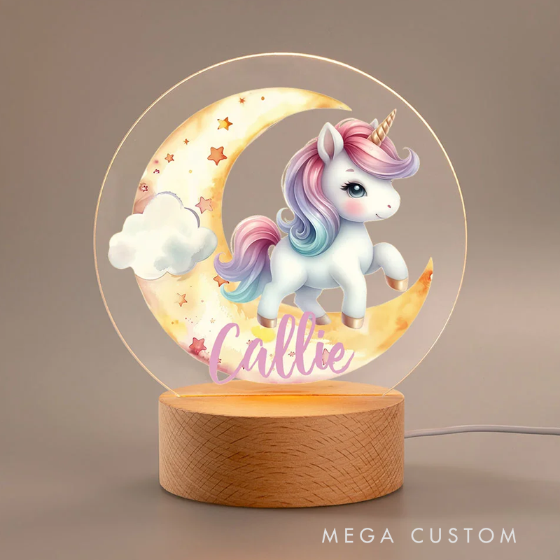 Personalized LED Night Light with Name Unicorn Baby Pattern Room Decoration with Wooden Base Christmas Birthday Baby Shower Gift for Girl